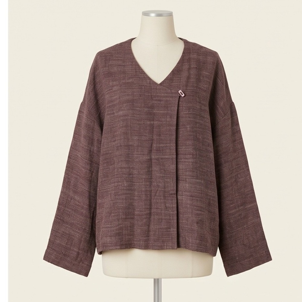 Eileen Fisher L Y2K Vintage Linen Blend Kimono Wrap Jacket Marled Brown Boxy